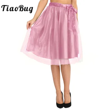 

TiaoBug Fashion Women Elastic Waist A Line Tulle Skirt with Sash Evening Party Gown Prom Sweet Women Formal and Casual Skirt