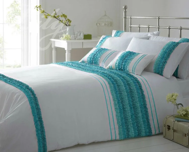 Solid color bed sheet new fashion blue applique embroidery bedding set luxury home textile