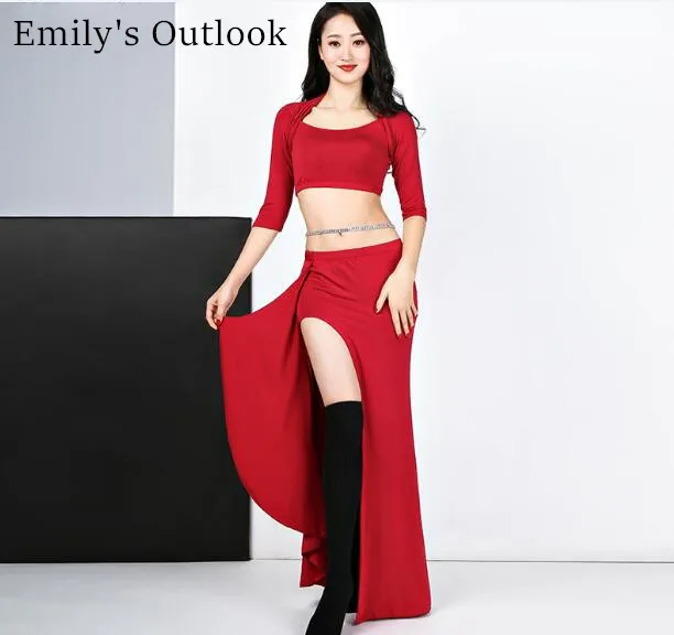 

2019 Spring Summer New Design Lady's 2 Piece Set Oreintal Dance Costume Half Sleeve Dancer Practice Clothes Top+Long Skirt Red