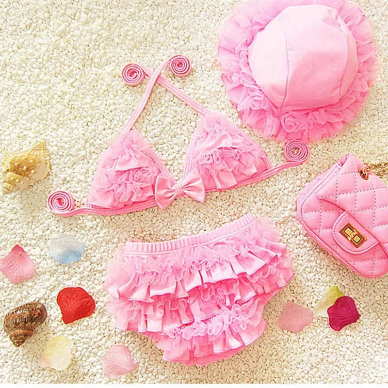 5 цветов, милые кружевные купальники для девочек 0-24 месяцев+ шапочка, купальник для малышей, детское бикини из двух предметов, купальный костюм с пачкой для малышей