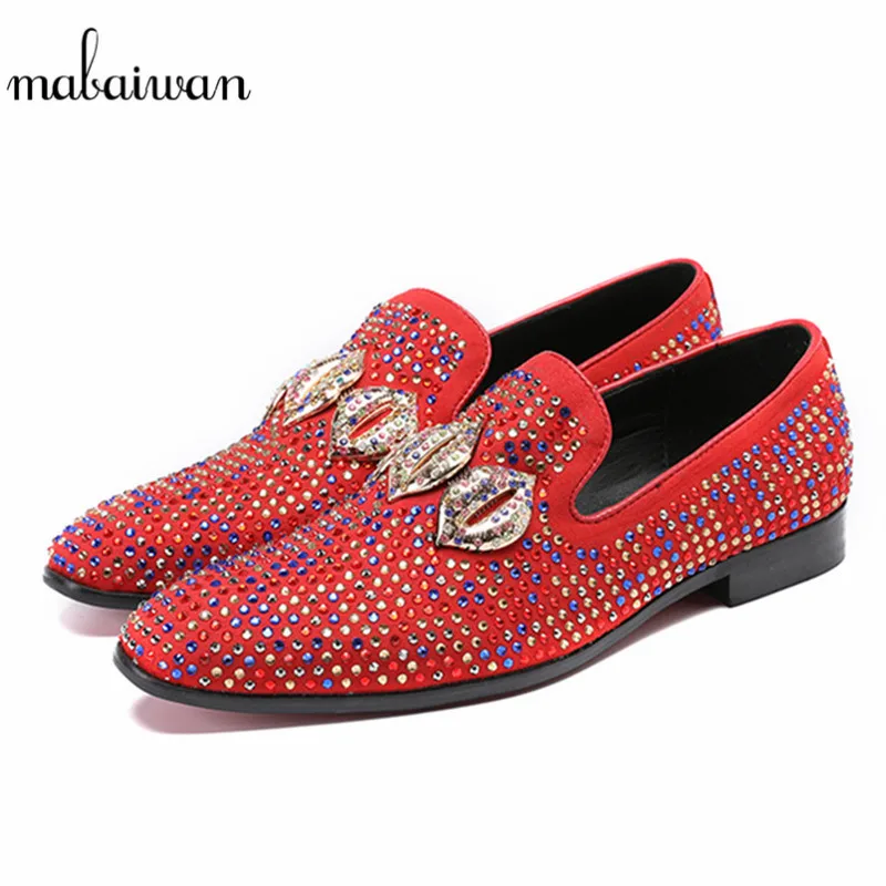 Espadrilles rouge Occasionnels Mabaiwan Chaussures Daim En Cristal Véritable Mode Mocassins Noir De Appartements Strass Cuir Robe Mariage Hommes PTkZuOXi