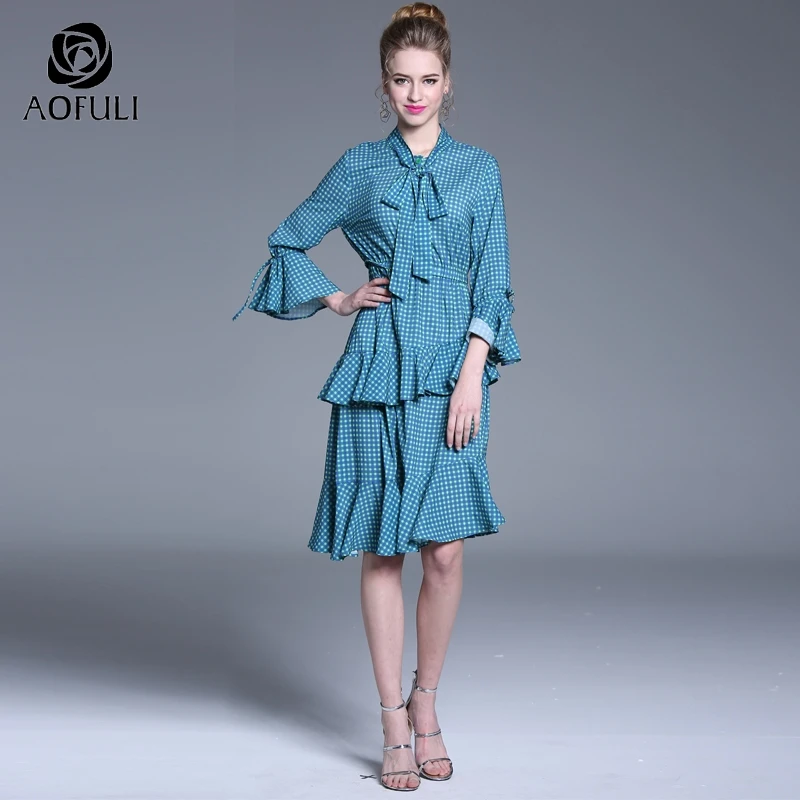 

AOFULI L- XXXXL 5XL Bow tie ruffled asymmetrcial blue dress spring summer plaid print half sleeve cascading party dress A3988