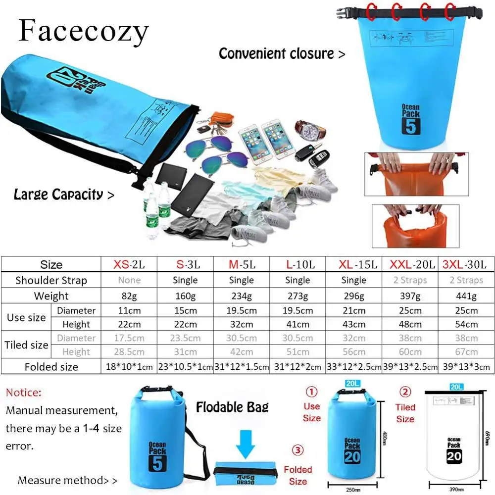 Facecozy плавательный речной треккинг сухой сумки водонепроницаемый ПВХ океан пакет 2L-30L Многофункциональный Открытый дрейфующий пляжный рюкзак