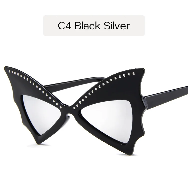YOOSKE, большие солнцезащитные очки, женские, летучая мышь, острые оттенки, солнцезащитные очки с заклепками, большая оправа, солнцезащитные очки, индивидуальные очки для танцевальной вечеринки - Цвет линз: Серебристый