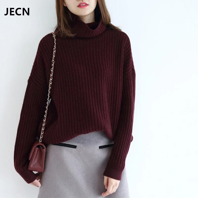 

JECH 2017 Winter Chrismas New Women Warm Solid Sweaters Casual Full Sleeve Turtleneck Loose Pullovers Computer Knitted Top Grade