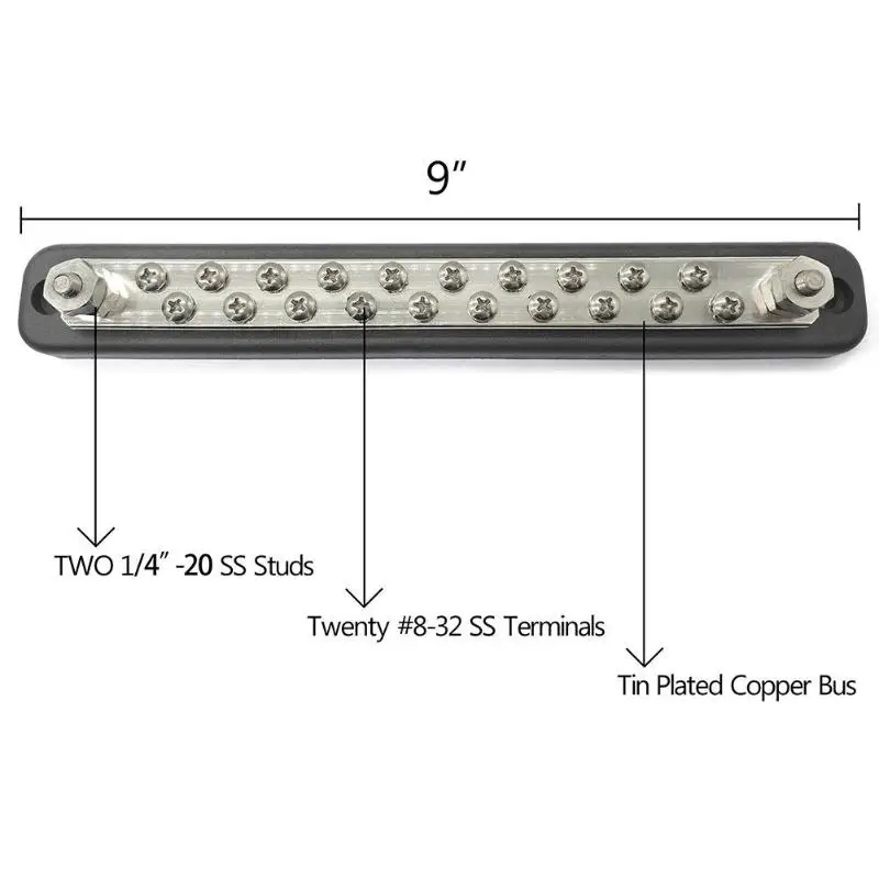 Черный+ серебристый 150Amp 20-Way шина 20 винтов+ 2 шпильки блок распределения питания с клеммами Луженая латунь шпилька материал 300 В AC