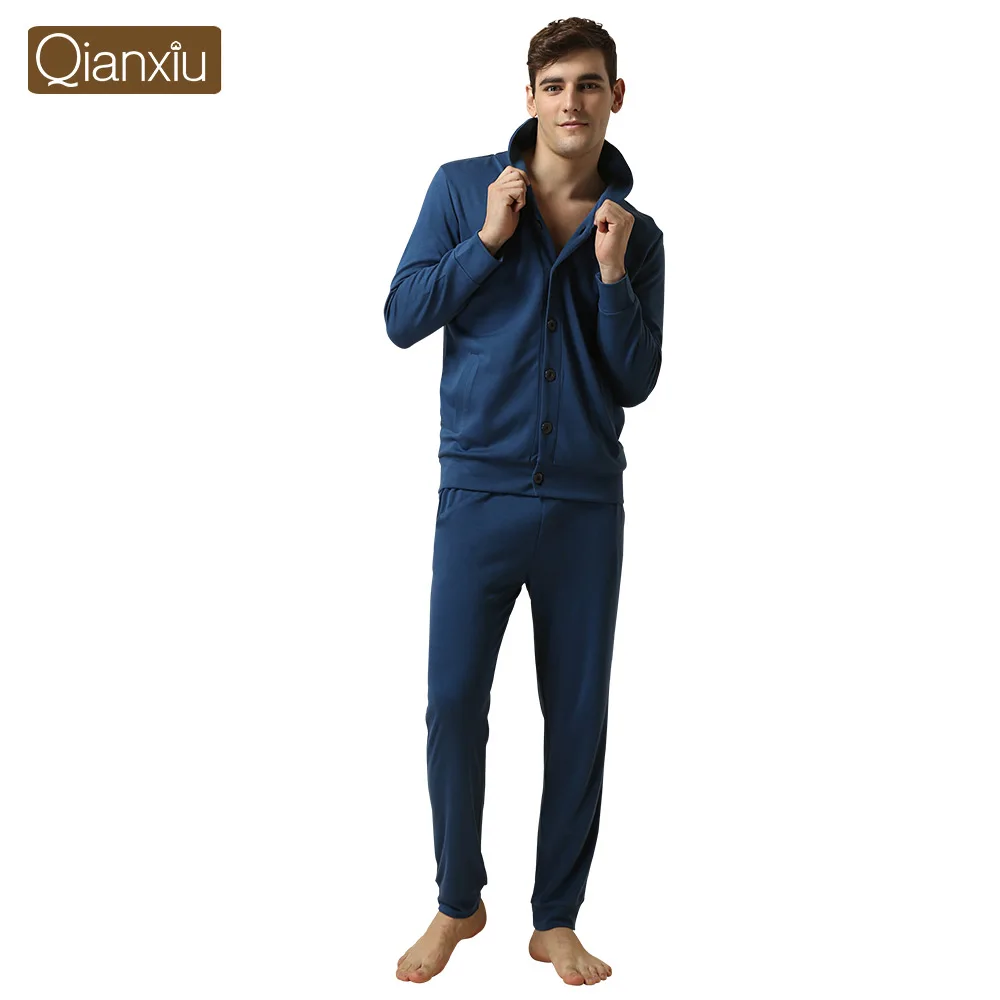 Qianxiu пижамы мужчин-модальных хлопок Pijama комплект для мужчин свободного покроя лоскутная одежды пары соответствующие комплект пижамы - Цвет: Men Blue