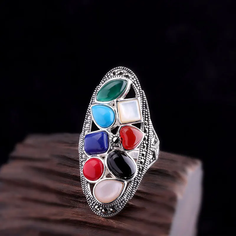 Настоящее чистое 925 пробы Серебряное кольцо для женщин, винтажное ювелирное изделие, мульти натуральный камень, регулируемое увеличенное женское большое кольцо