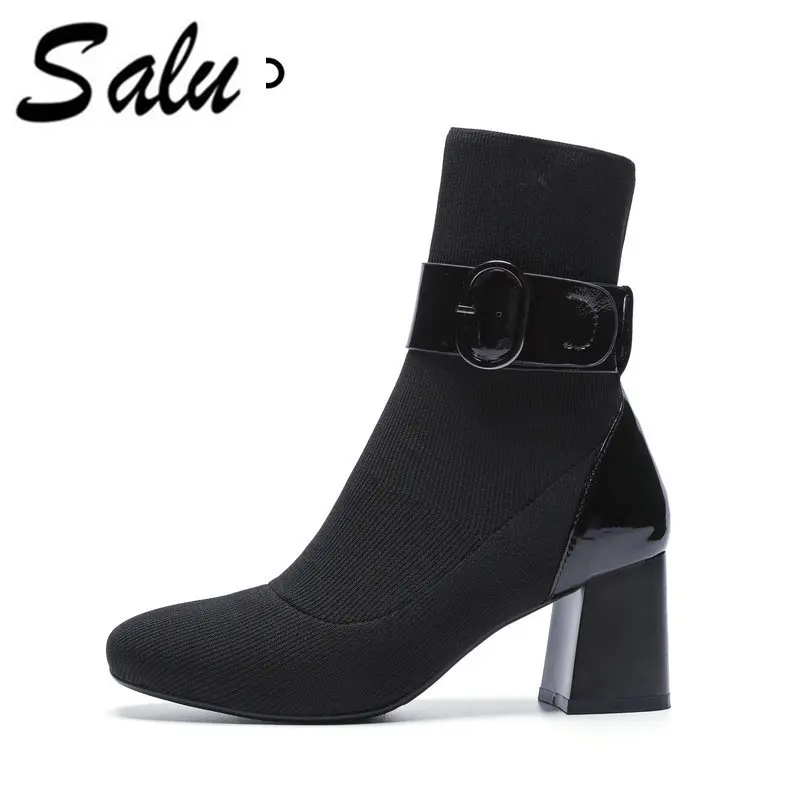 

Salu 2019 new Genuine leatherWomen Ankle Boots All Match Casual Square High Heel Winter Shoes Ladies Boots black