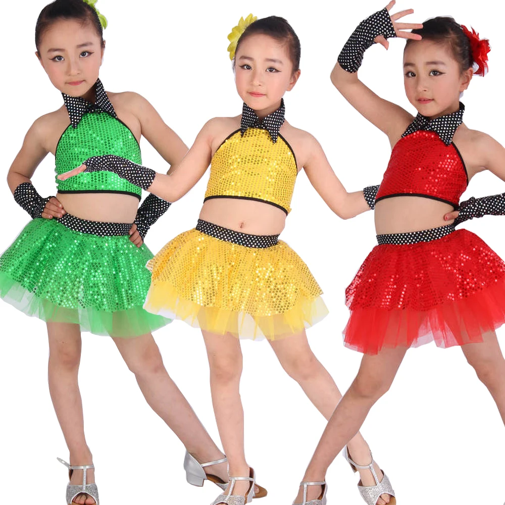 Детские современные танцевальные костюмы для девочек, Топы+ юбка, детская одежда с блестками для джаза, танцевальная одежда для вечеринки, платье