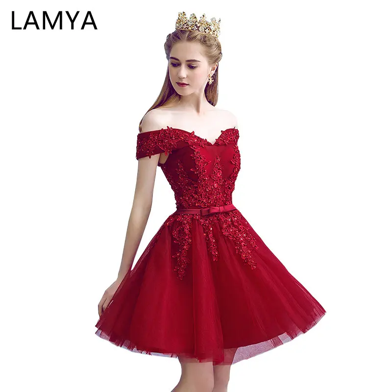 LAMYA Sexy Red Lace Elegant Knee Length Prom Dresses 2018