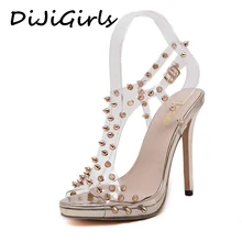 Dijigirls sexy sommer frühling klar transparent kristall gelee nieten spikes high heel sandalen punk knöchelriemen peep toe stilettos