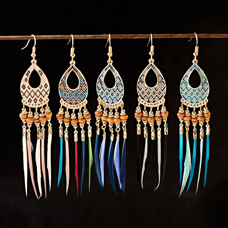 Ethnic Bohemian Boho Long Feather Indian Earrings For Women Brincos Bijoux Charm Gypsy Hippie Tribe Vintage Ladies Earrings