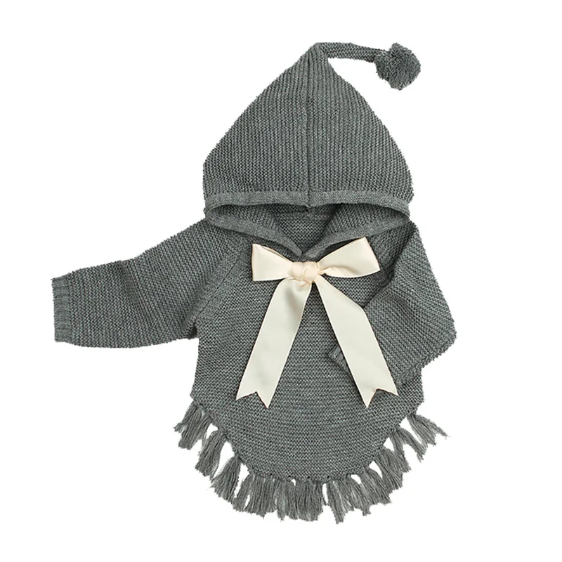 Зимняя одежда для маленьких девочек от 6 месяцев до 24 месяцев, детские вязаные пуловеры с бантом, джемпер для новорожденных, свитер с капюшоном и длинными рукавами, DC502