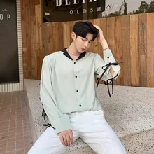 Для мужчин с длинным рукавом ленты сращены свободные мужские повседневные рубашки уличная хип хоп Винтаж модные вечерние платья рубашки для мальчиков сценические костюмы