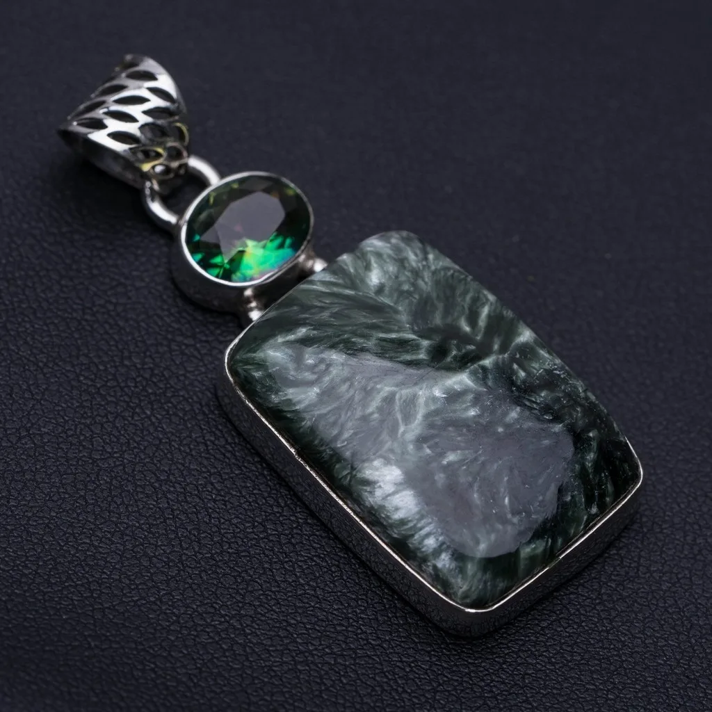 

Natural Russian Seraphinite and Mystical Topaz Punk Style 925 Sterling Silver Pendant 2 1/4" P0134