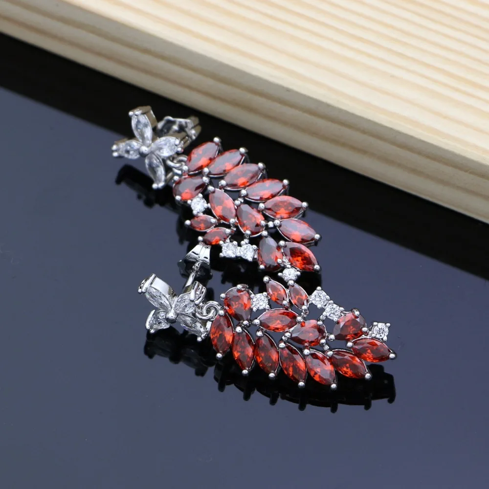 Elegant 925 Silver Jewelry Decoration Flower Shaped Red Cubic Zirconia Stone Bridal Long Earrings For Women (4)