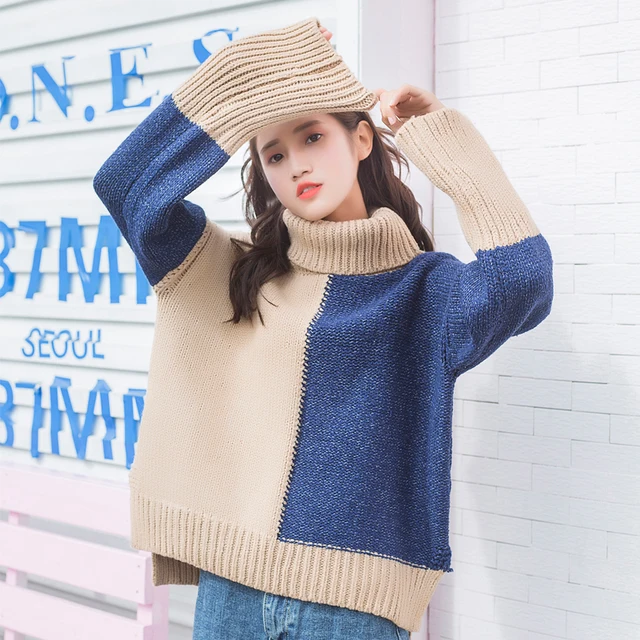 Casual Loose Stitching Turtleneck Sweater Female Korean Kawaii Women's