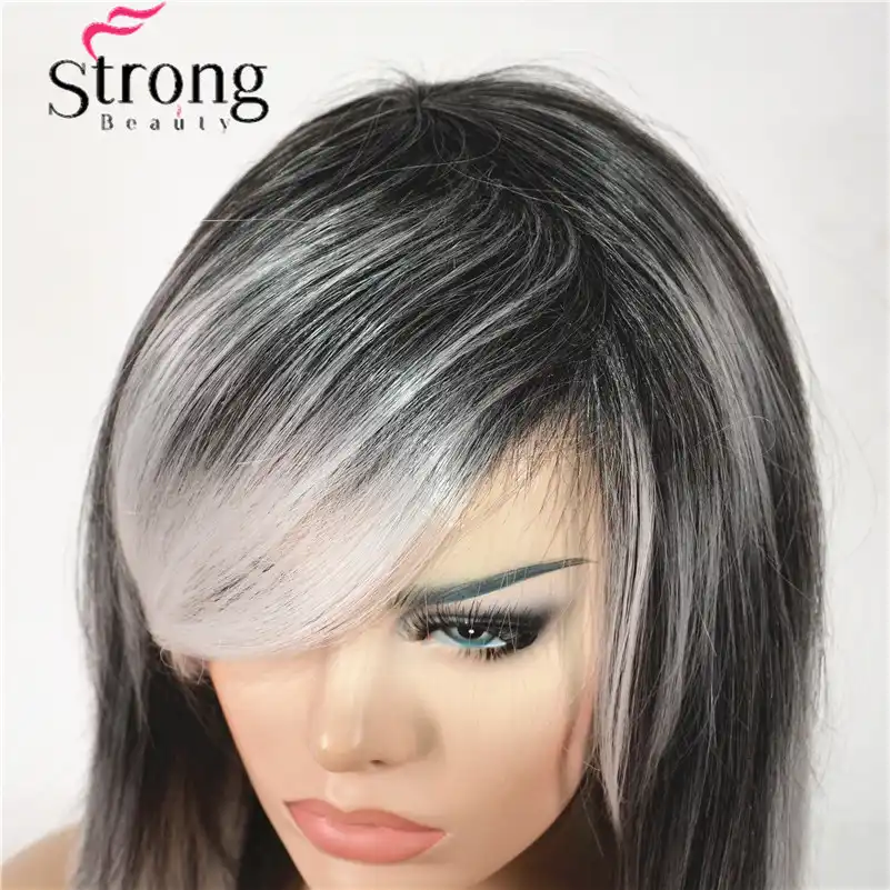 Long Straight Black Silvery Grey Ombre Side Swept Bangs Synthetic