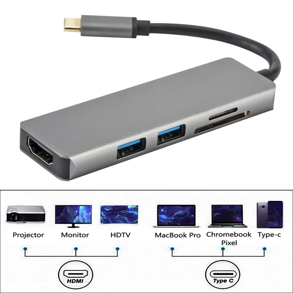

Type-C USB3.0 Hub With 4K HDMI SD/TF Card Port Hub Converter For MacBook Adapter Pro Accessory Home Office Desktop Super Speed 3