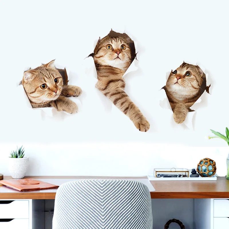 

3D Cat Smashed Wall Sticker Bathroom Toilet Kicthen Switch Decorative Decals Funny Animals Home Decor Poster PVC Wall Mural Art