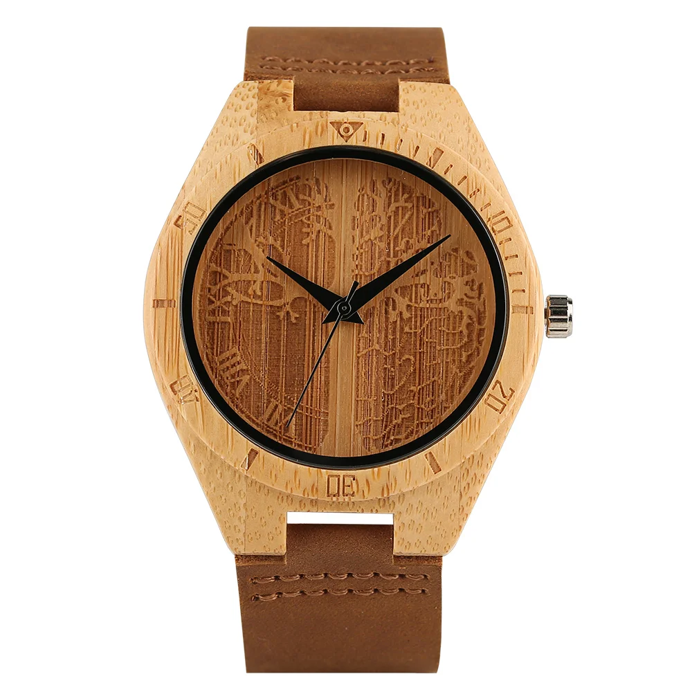 Kopen Carving Leven Boom Houten Horloge Mannen Casual Natuur Bamboe Hout Quartz Klok Lederen Band Strap Moderne Timber Polshorloge