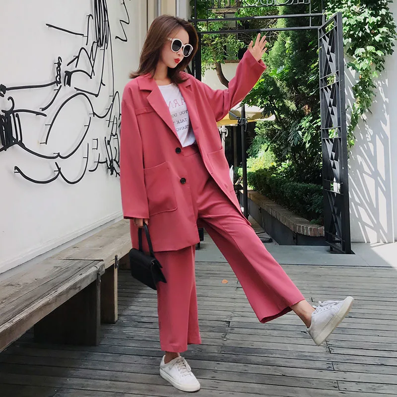 Set female pants set 2019 spring and autumn new Korean casual suit jacket loose fashion nine points wide leg pants two sets