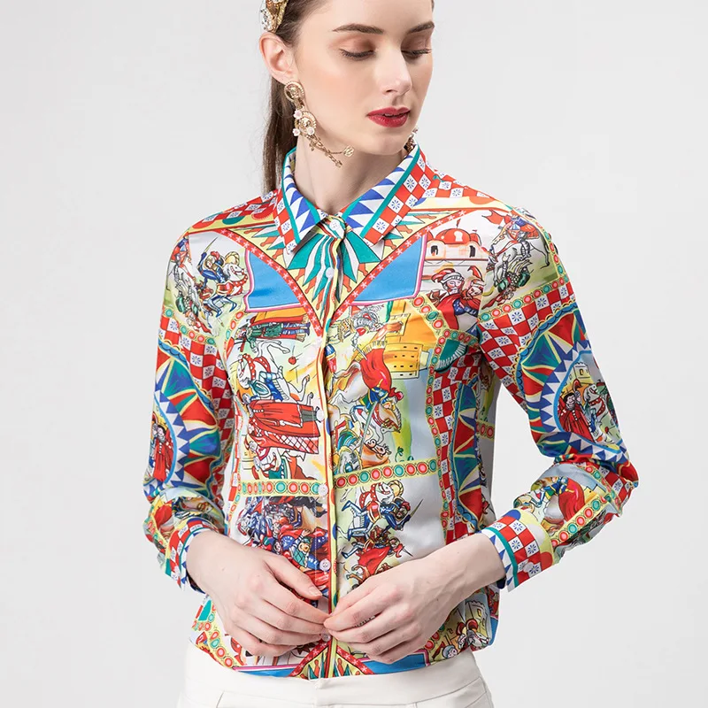 

Runway Designer Faahion Blouses Women's Long Sleeve Turn Down Collar Plus Size Vintage printed Tops Shirt 3XL