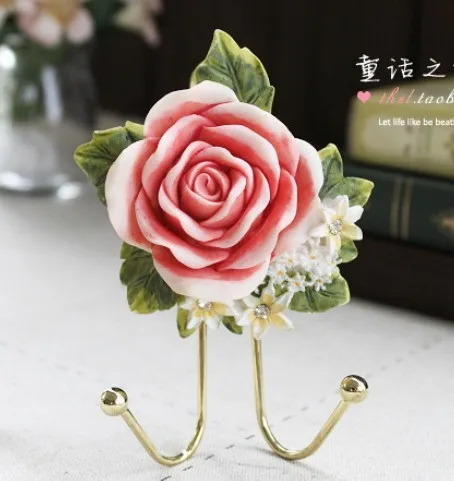 

Vintage Rural Style 3pcs/lot Resin Rose with 2 hooks Cloth Hook Coat Hook Wall Hanger Home Decoration W1006