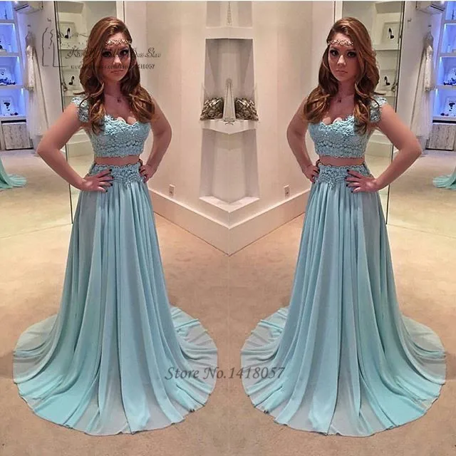 

Mint Green Elegant 2 Piece Prom Dresses 2017 Lace Chiffon Long Evening Party Dress for Graduation Vestidos de Baile Gala Jurken