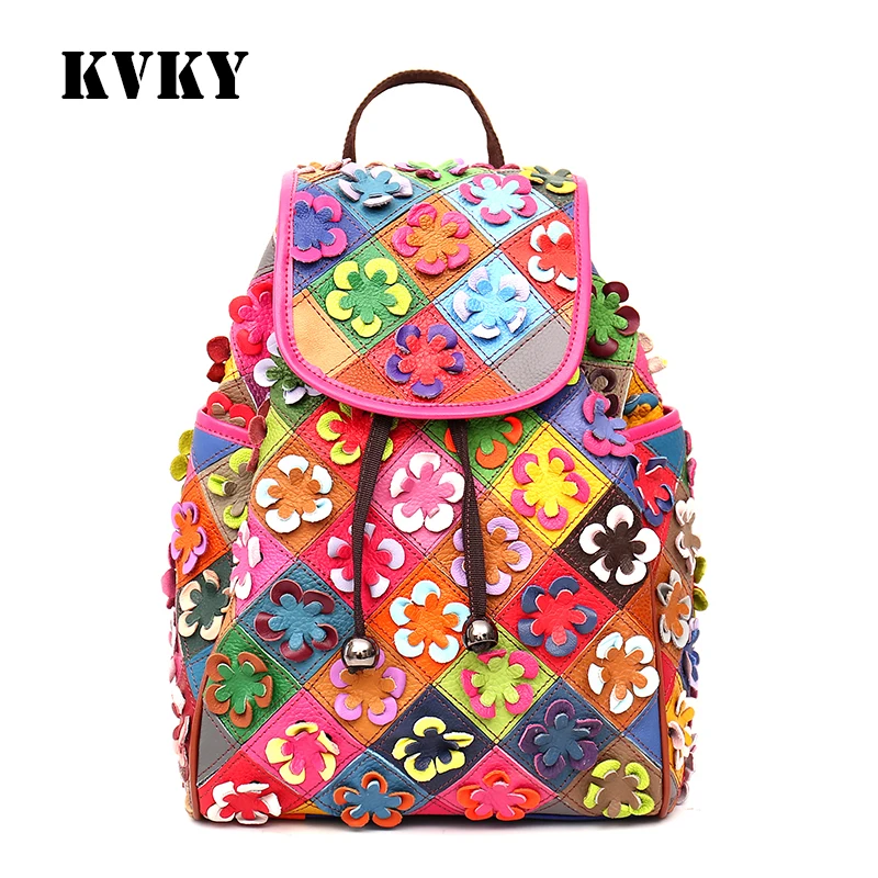 Sky fantasy fashion genuine leather flower panelled cross girls backpacks black and white casual classic vogue