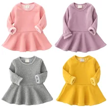 Платье принцессы для девочек; сезон осень; бархатные платья для маленьких девочек; повседневная одежда с длинными рукавами; однотонная детская одежда; От 1 до 4 лет