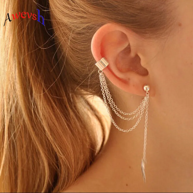 

Awevsh 1 Piece Fashion Leaf Design Crystal Stud Earrings Tassel Earrings for Women Star Ear Cuff Jewelry Gold Color Earrings