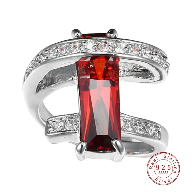 Классическое роскошное Настоящее твердое 925 пробы Серебряное кольцо 2 карата 5 из цветного циркона, хрусталя, обручальное Ювелирное кольцо для женщин - Цвет основного камня: Red