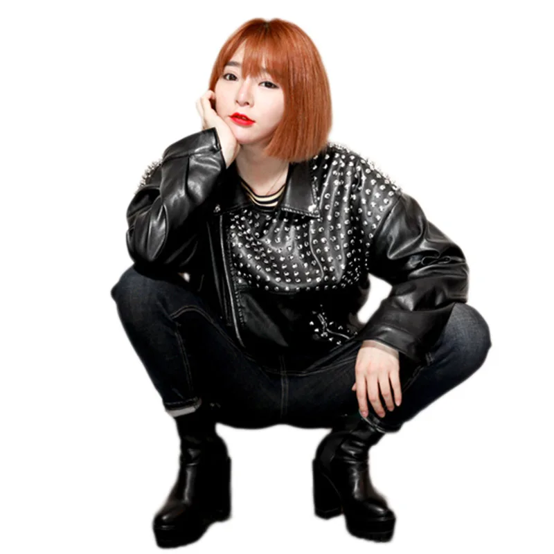 

Spring Autumn Women's New Motorcycle Jacket Harajuku Style Wind Rivet Oversized Leather Jacket Womens BF Loose PU Leather Jacket