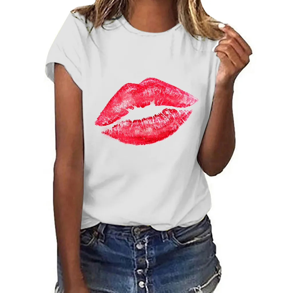 

Women Girls Plus Size S-3XL BIg Lips Print Short Sleeved T-shirt Tops