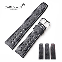 CARLYWET 20 22mm Real Calf Leather Handmade Black with White Red Stitches Wrist Watch Band Strap Belt For Dayjust Omega IWC carlywet 22mm new genuine leather black brown crocodile grain strap wrist watch band belt pin buckle for panerai omega iwc tag