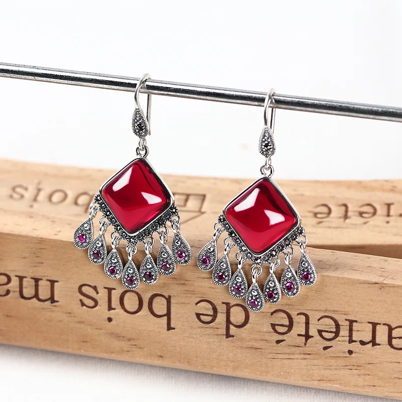 Long Hoop Tassel Drop Earrings 925 Sterling Silver Bohemia Ethnic Red Rubellite Fine Jewelry 3.37cm*1.8cm Women Fashion Catkins