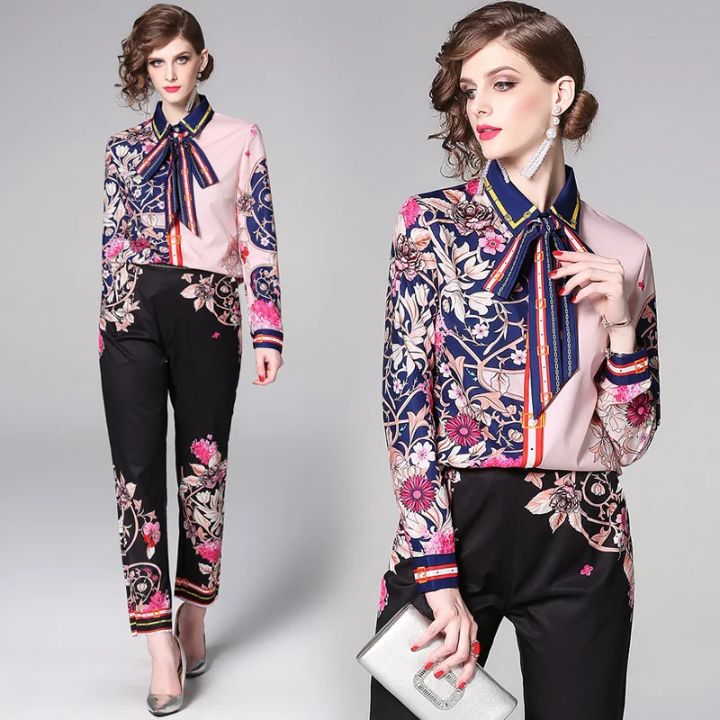 

2019 Spring Summer Fall Runway 2 Piece Womens Sets Runway Floral Print Collar Long Sleeve Top Shirt Blouse Pant Suits Outfits