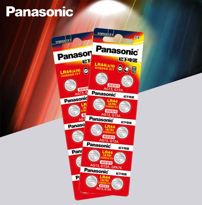 Panasonic 10 шт. 1,5 V кнопочный элемент Батарея lr44 Литиевые Батарейки-таблетки A76 AG13 G13A LR44 LR1154 357A SR44