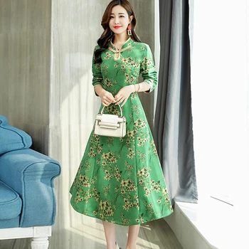 

2018 Autumn Winter Stand Collar Long Bottom Dress Ladis Party Dresses Fashion Deerskin Print Flower Dress Women LJ2022