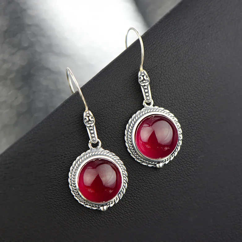 

New 925 white fungus jewelry Thai silver retro red corundum antique temperament long women's earrings