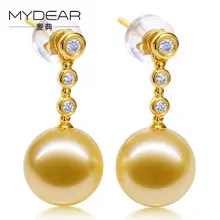 MYDEAR Fine Pearl Jewelry Real Gold Drop Earrings 8-9mm Natural Golden Southsea Pearls Earrings Fashion Jewelry,New Arrival