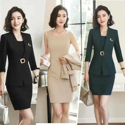 Women 2PC Formal Business Solid Color Suit Jacket Blazer Dress