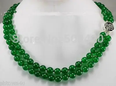 

P7 QW004 Free Shipping Wholesale>>>2rows 8mm Green Jade Round Beads Jewelry Necklace Silver Clasp #@