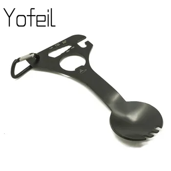 

Outdoor Stainless Steel Multi Function EDC Hex Wrench Bottle Opener Carabiner Spoon Fork Camping Picnic Tableware Tactical Spork