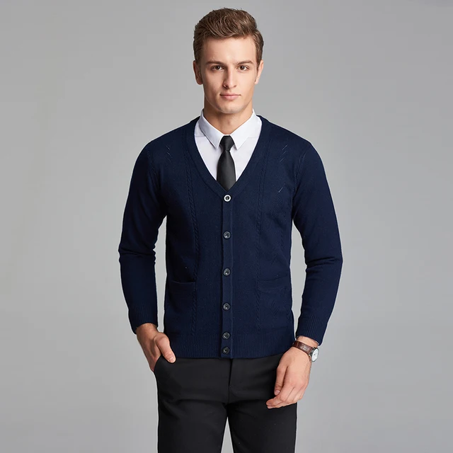 High Qualtiy Autumn Man Business Long Sleeve V Neck Button Down Wool