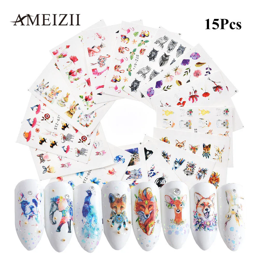 Наклейки для нейл арта AMEIZII 15/20/24 шт. акварельные наклейки с цветами оленями