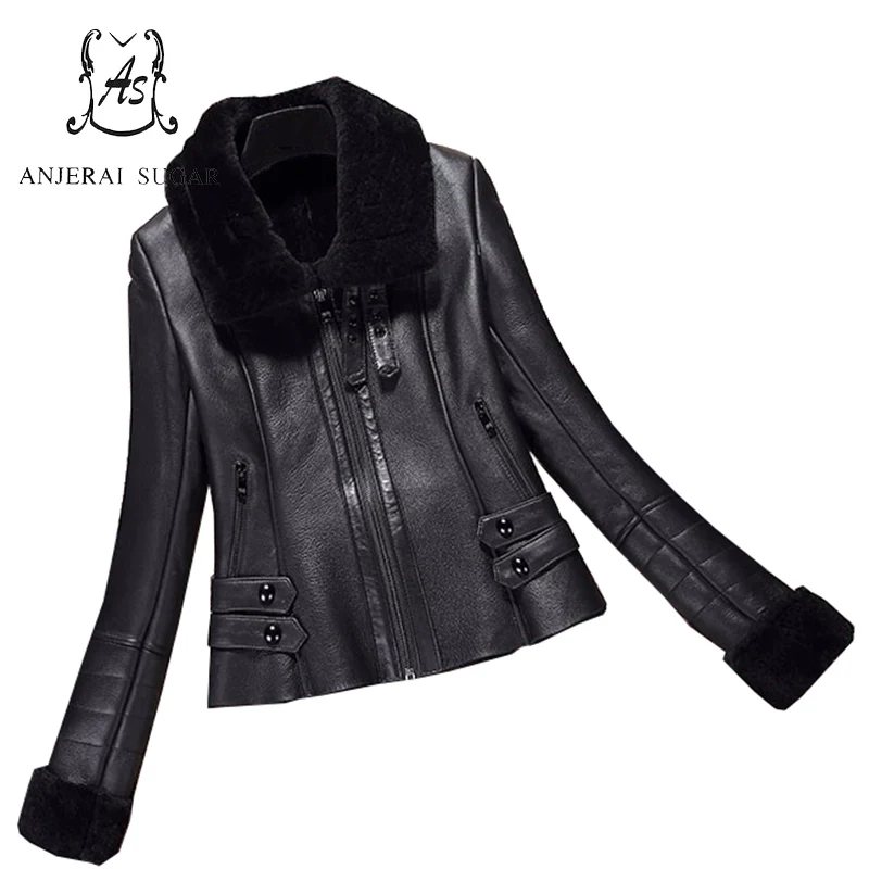 

2017 winter women wool fur coat feminino black Genuine Sheep leather jacket short winter jacket coats Mujer casacos de inverno