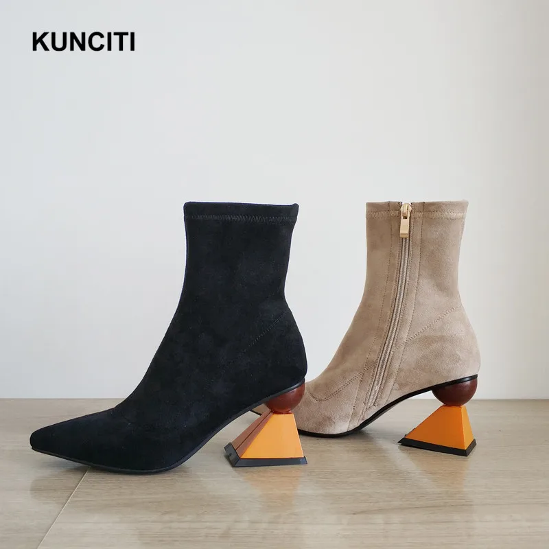

2019 Newest Faux Suede Boots Pointed Toe Stretch High Heel Boots Women Fashion Design Nude Black Ankle Booties Zipper Shoes D581